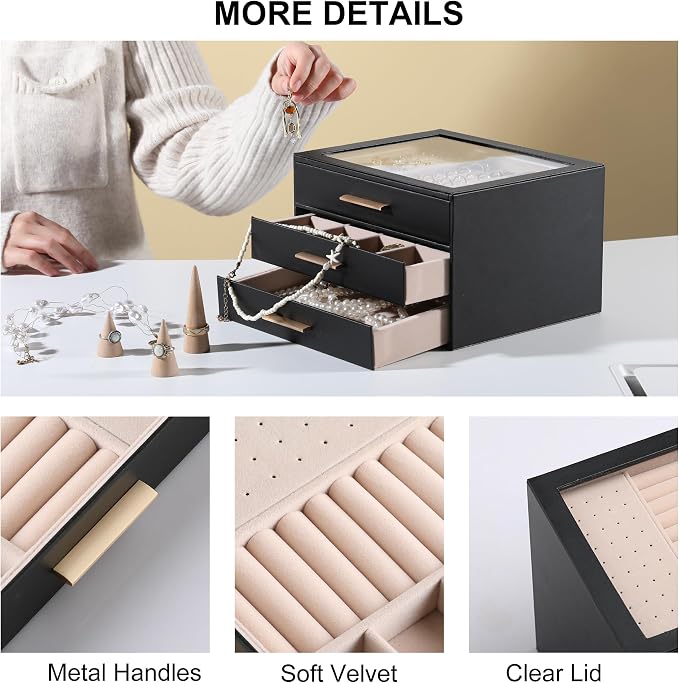 Frebeauty Clear Lid Jewelry Box,3-Layer Jewelry Organizer with Drawer,PU Leather Jewelry Organizers and Storage,Jewelry Boxes for Women,Jewelry Storage for Rings Earring Stud,Gift for Women(Black) - Image 5