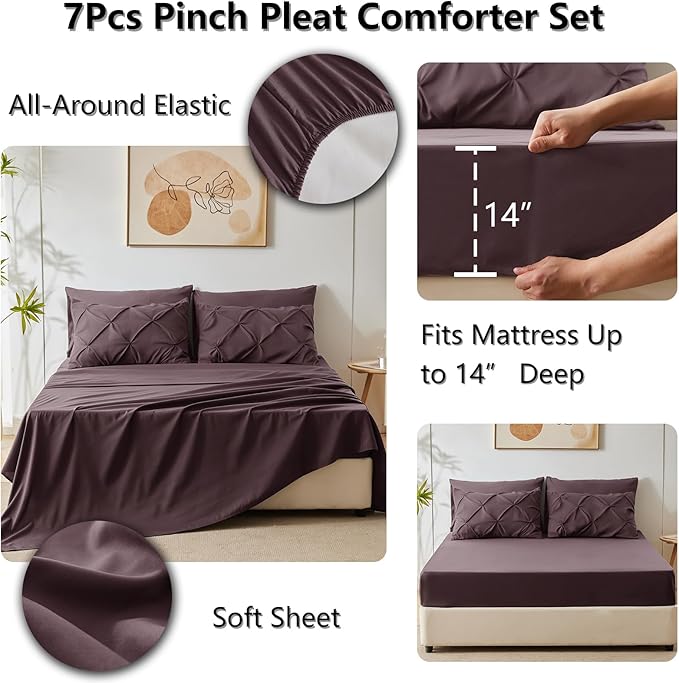 CozyLux Full Size Comforter Sets Cocoa Powder, 7 Pieces Pintuck Bed in A Bag Cocoa Powder Comforter Full Size, Pinch Pleat Bedding Sets with All Season Comforter, Sheets, Pillowcases & Shams