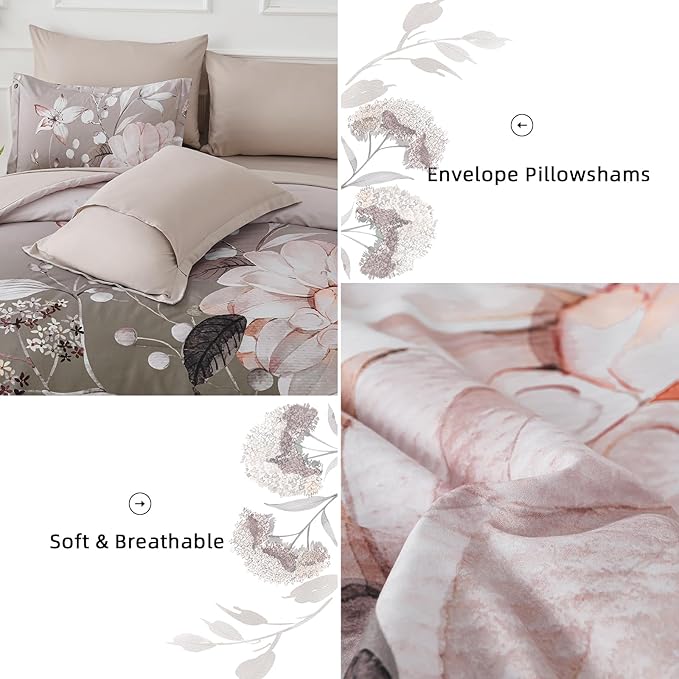 Drucon Brown Comforter Set King Size - 7 Pieces Floral Bedding Sets, Soft Botanical Flowers Comforter Bed in a Bag with Sheets, Pillowcases & Shams