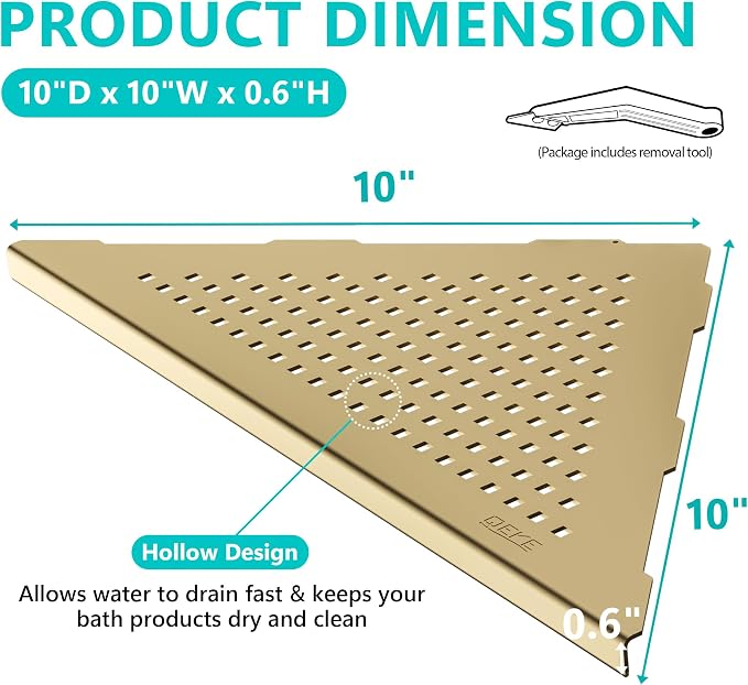 Qeke Bathroom Corner Shelf, Recessed 10" Shower Shelf Caddy, SUS304 Stainless Steel Shelf Wall Mount Triangular, No Drilling, Brushed Golden - Image 2