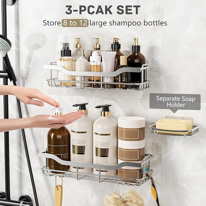 OMAIRA 3-Pack Shower Caddy with Soap Holder, Adhesive Rustproof No-drill Strudy Loading Inside Shower Organizer Shelves Rack Storage Bathroom Organization for Smooth Wall Glass Tile, Silver (X-Large) - Image 4
