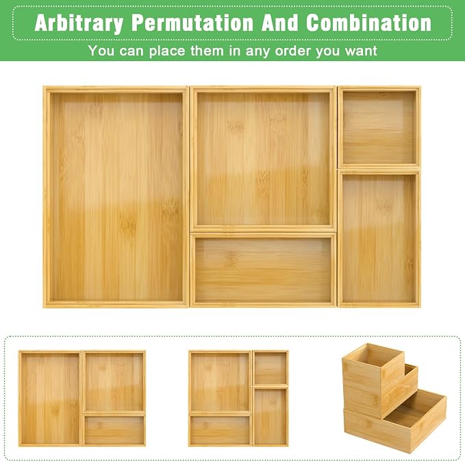 Bamboo Bathroom Drawer Organizer Dividers, Wooden Kitchen Utensil Holder Set of 5, Stackable Junk Drawer Organizer Tray, Multi-Use Storage Bins Boxs for Home, Office, Clothing, Makeup, Jewelry - Image 6