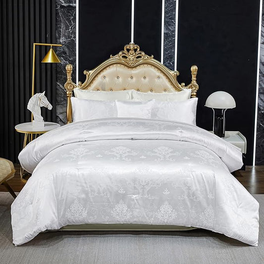 Jacquard Comforter Set White Sheet Set Satin Bedding Set Queen 8 Pcs Vintage Neoclassical Floral Bed Home Decor Soft Comforter Luxury Hotel Silky Bed in a Bag with 1 Cushion Cover
