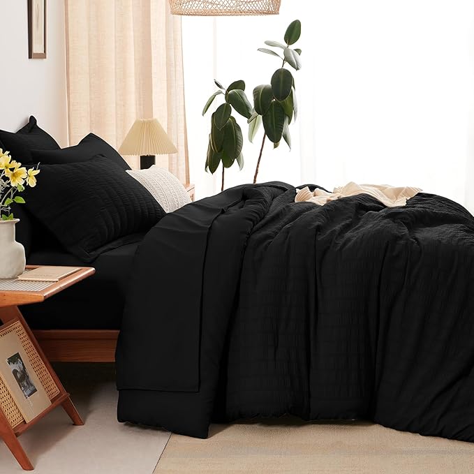 CozyLux Twin XL Comforter Set with Sheets Seersucker Black 5 Pieces Bed in a Bag, Twin Extra Long Luxury Soft Bedding Sets for College Dorm with Down Alternative Comforter, Sheets, Pillowcase & Sham