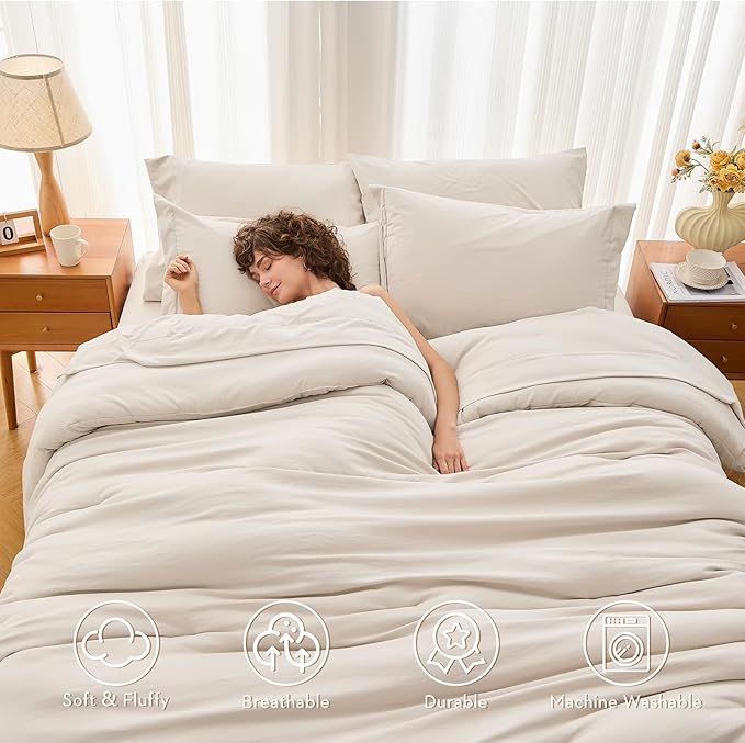 MUXHOMO 5 Pieces Twin XL Comforter Set, Soft Bed in a Bag Twin XL Size, All Season Bedding Set with Comforter, Flat Sheet, Fitted Sheet, Pillowcases & Shams, Beige