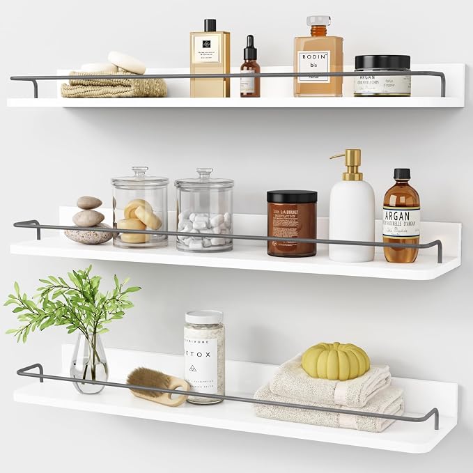 Forbena Floating Shelves for Wall 24 Inches Long, Modern White Wall Shelving Unit for Bedroom, Wood Hanging Shelf for Kitchen Bathroom Living Room Office Organizers and Storage (White and Grey) by Forbena