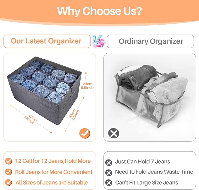 EASEVE 4Pcs Closet Organizers and Storage Bins for Clothes - 12 Cell Drawers Organizer Grid Storage Box for Jeans Pants Sweater T-shirts, Wardrobe Shelf Dividers Closets Organization - Image 3