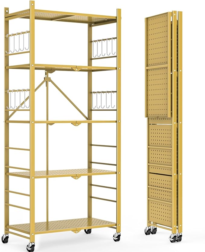 Himix Storage Shelves with 20 Hooks, 5-Tier Foldable Shelves for Storage, Folding Shelf Unit Pantry Shelves with Wheels, Standing Shelving Unit for Kitchen Garage Home Office Room Greenhouse, Gold by Himix