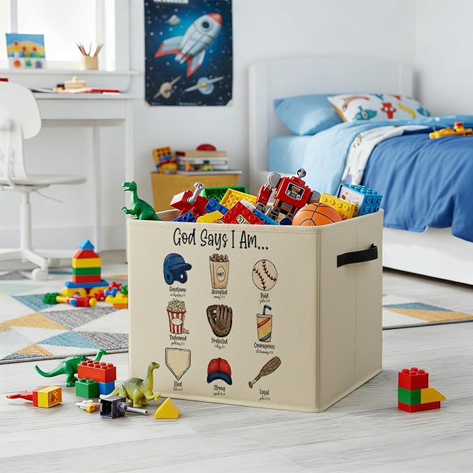 Christian Baseball Storage Bin Box with Handles, God Says I Am Bible Verse Baseball Foldable Baskets Organizer for Kids Room Nursery Bathroom Clothes Toys Books, Toybox for Boys - Image 4