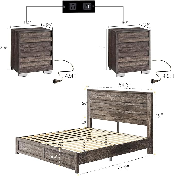 LUXOAK 3 Pcs Bedroom Furniture Sets,Includes Farmhouse Full Size Bed Frame with 49" Tall Headboard and Nightstand Sets of 2 with Charging Station, Slated Handles & Stainless Steel Feet, Rustic Grey