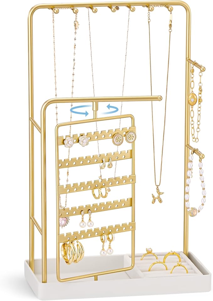 ProCase Jewelry Stand Holder Organizer, Jewelry Display Storage with Ring Tray, Rotating Earring Bracelet Necklace Holder, Valentine's Gifts Room Dorm Decor for Teen Girls -Gold (No-Assembly) by ProCase