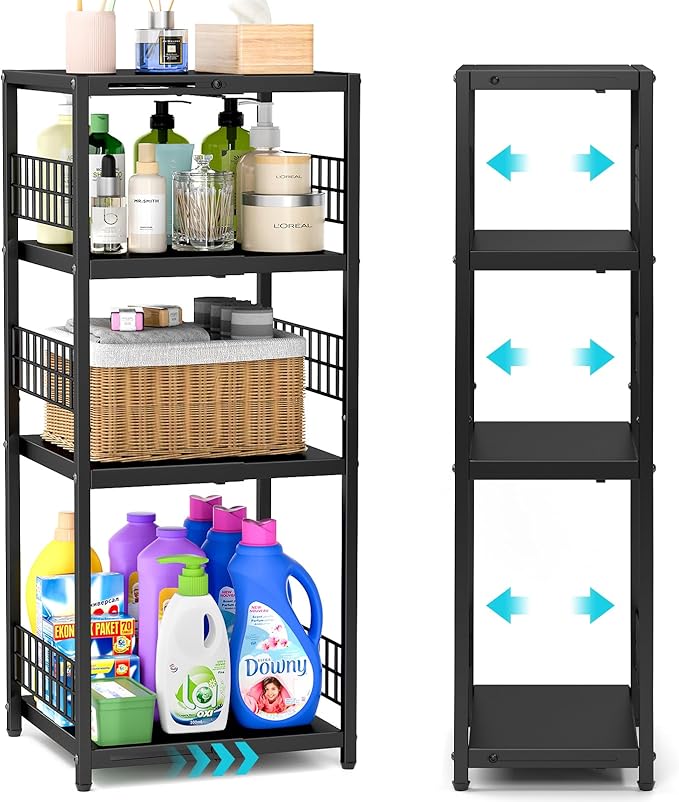 DAOUTIME Expandable Slim Storage Shelf, 4 Tier Metal Shelving Unit for Bathroom Storage Organizer, Freestanding Narrow Shelf for Small Spaces, Open Floor Shelves for Bathroom, Laundry Room, Kitchen by DAOUTIME