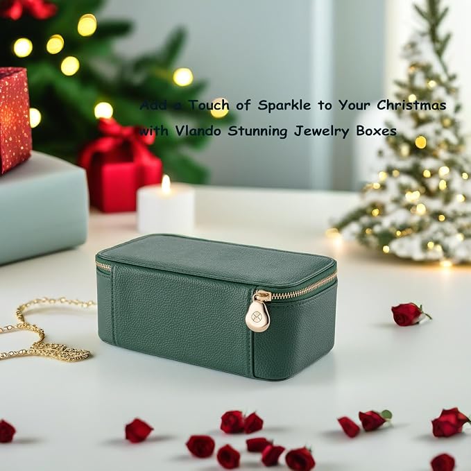 VLANDO Travel Jewelry Box Organizer – Portable PU Leather Jewelry Case with 6/8/12 Zippered Pouches, Compact Storage for Earrings Rings Necklaces Bracelets, Dark Green - Image 4