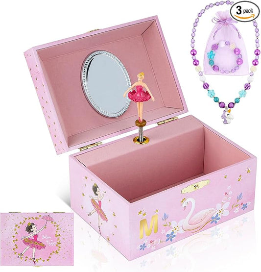 Magical M Initial Pink Ballerina & Swan Music Box - Custom Girl's Jewelry Box with Mirror & Music, Set Includes Matching Necklace & Bracelet, Special M Letter Jewelry Box for Girls by Taduoduo