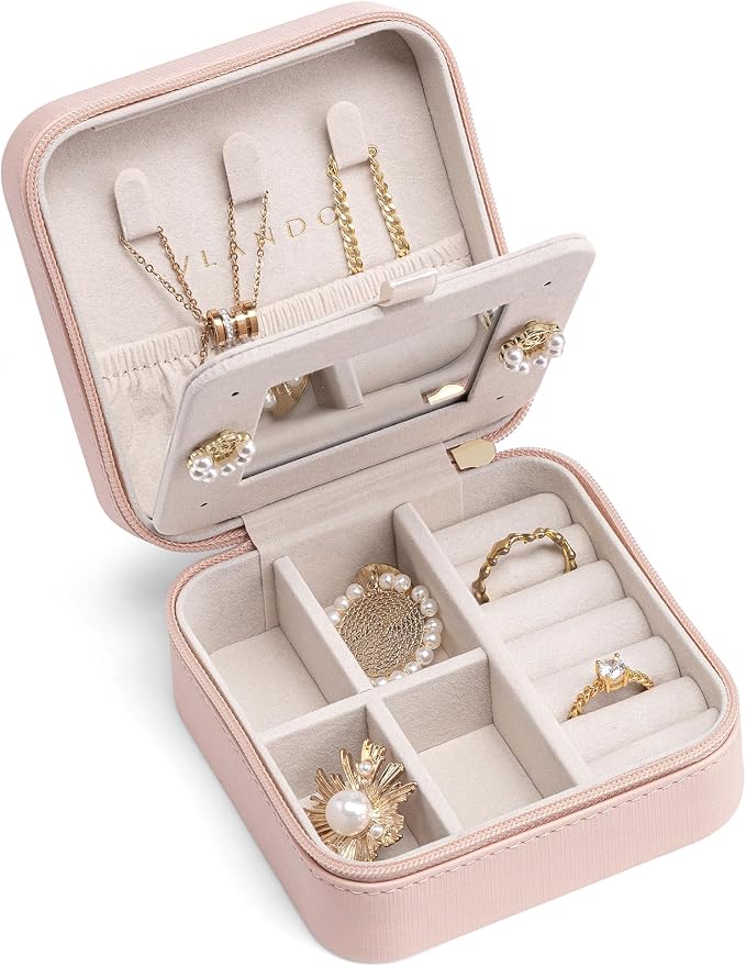 VLANDO Valentines Day Gifts - Small Travel Jewelry Box Organizer -Jewelry Display Case for Girls Women Bridesmaid Gift Rings Earrings Necklaces Storage with Mirror Pink by VLANDO