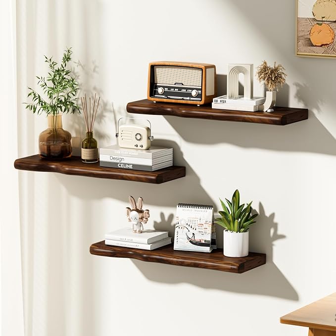 Solid Wood Live Edge Floating Shelves Set of 2 – 24" Rustic Wall Shelf with Hidden Bracket System, Wall Mounted Shelves for Bathroom, Kitchen, Living Room, Bedroom (Walnut) - Image 2