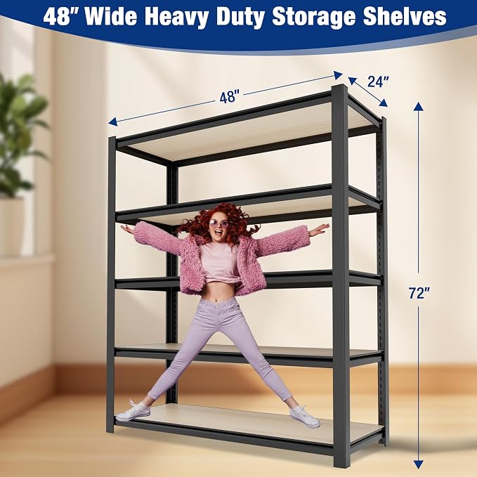 WORKPRO House 5-Tier Shelving Unit, Adjustable Heavy Duty Storage Shelves, Wood Grain Pattern, Waterproof Board, 3000lbs Boltless Shelving for Kitchen, Living Room, Garage, 48"W x 24"D x 72"H, Black - Image 3