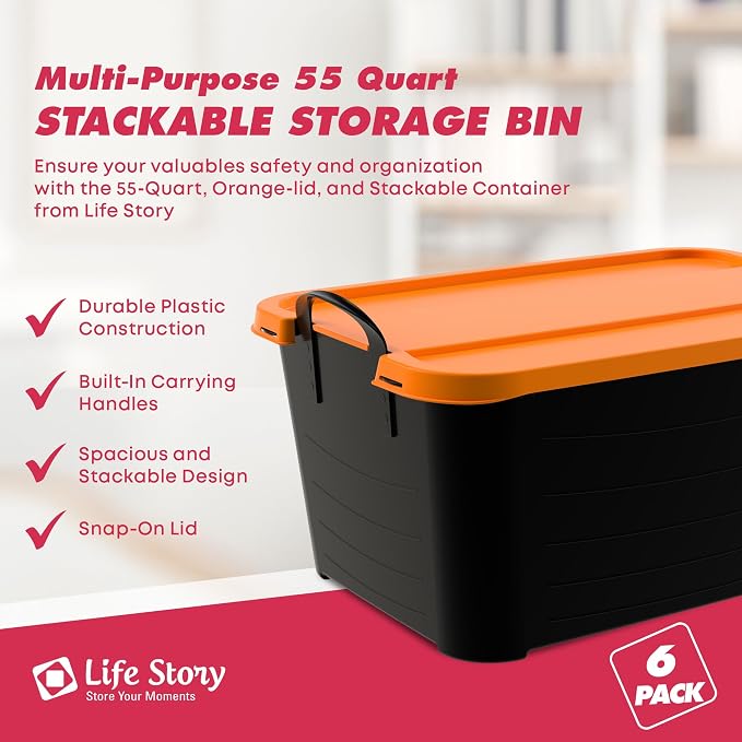 Life Story 6 Pack Heavy Duty Stackable Storage Bin, 55 Quart Home Organizer, Versatile Lightweight Locking Bins with Carrying Handles, Black/Orange - Image 2