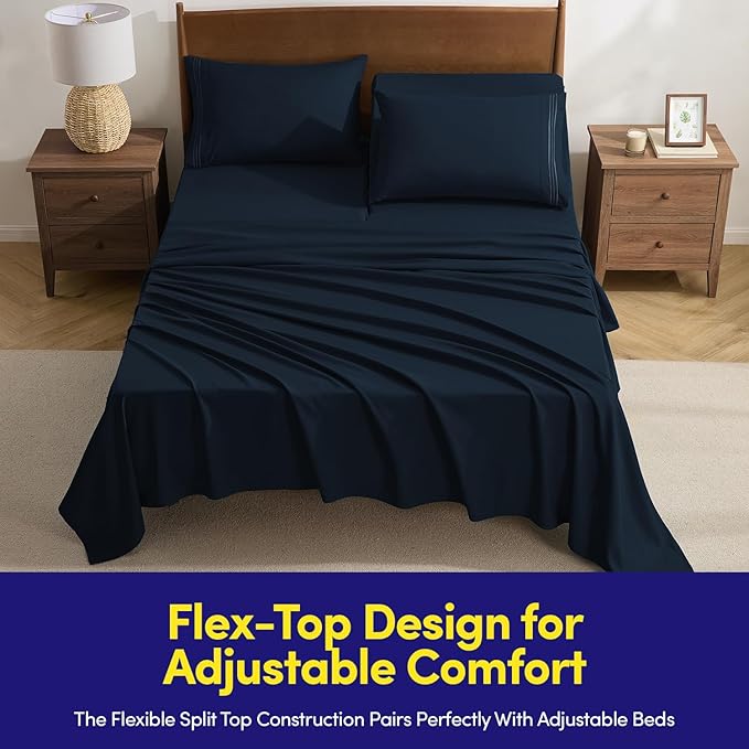 Split Head King Sheets Set for Adjustable Beds 4 Piece Flex Top Bed Sheets – Deep Pocket Split Top Fitted Sheet with Built-in Corner Straps, Luxury Soft Cooling Bedding, Wrinkle Resistant, Navy