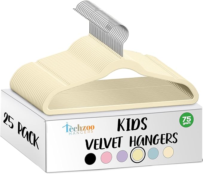 TechZoo 25 Premium Kids Velvet Hangers - 14" Non-Slip Clothes Hangers for Kids & Preteens - Ultra Slim, Space-Saving, Strong & Durable Hangers with 360° Swivel Hook - Beige by TECHZOO
