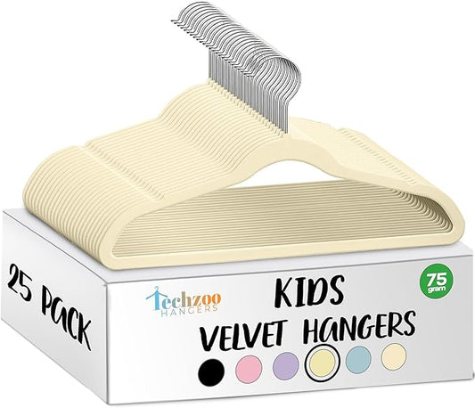 TechZoo 25 Premium Kids Velvet Hangers - 14" Non-Slip Clothes Hangers for Kids & Preteens - Ultra Slim, Space-Saving, Strong & Durable Hangers with 360° Swivel Hook - Beige by TECHZOO