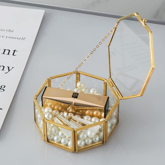 Glass Vintage Jewelry Box, Golden Geometric Jewelry Display Organizer Box Vanity Lidded Box Home Decor Accent Decorative Box for Storage Trinket Rings Bracelet - Image 2