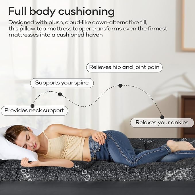 OLANLY King Mattress Topper – Viscose Made from Bamboo, Cooling Soft King Pillow Top Mattress Pad for Back Pain Relief, Plush Down Alternative Fill Bed Topper with Elastic Deep Pocket, Dark Gray