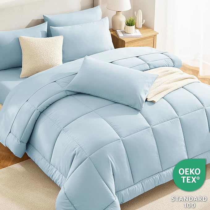 CozyLux Queen Comforter Set Light Blue, 7 Pieces Bed in a Bag, Blue Comforters Queen Size, All Season Bedding Sets with Stitch Quilted Comforter, Flat Sheet, Fitted Sheet, Pillowcases