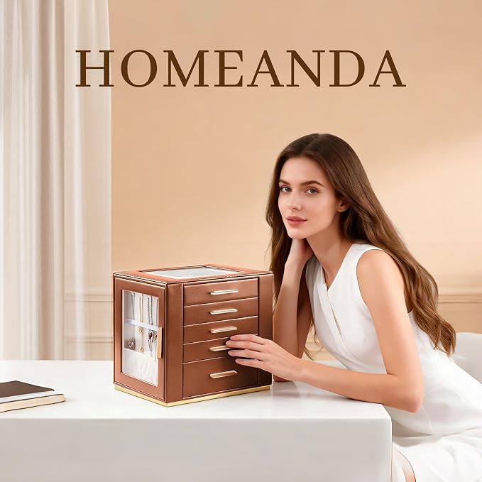Homeanda Jewelry Box for Women with Glass Lid, 5 Drawers Jewelry Organizer and Storage for Necklaces, Rings, Earrings, Bracelets, Gift for Girls and Teens,PU Leather (Brown) - Image 2