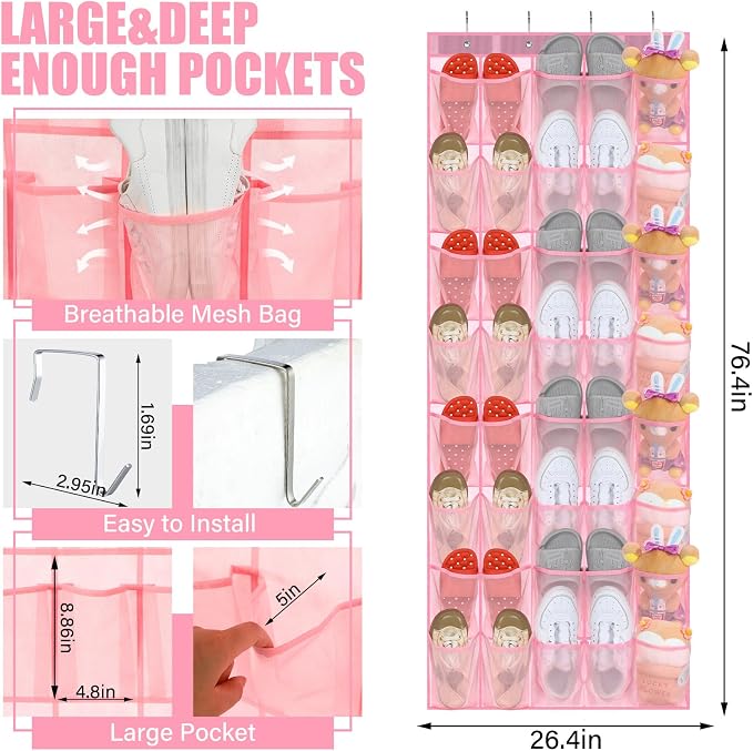 Windyun 40 Over the Door Shoe Organizer Large Breathable Mesh Pockets Pink Hanging Shoe Rack for Closet Behind Door Hanger Storage Holder Nonslip Hooks for Women Entryway Bedroom Utility Room - Image 3