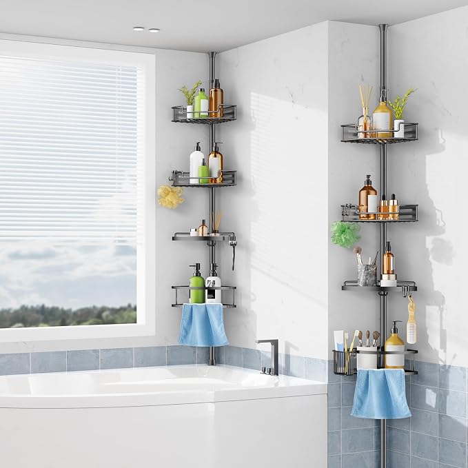 HAMITOR Corner Shower Caddy Tension Pole: Quick Installation 4-Tier Rustproof Bathroom Organizer Shelves for Bathtub Shampoo Storage - 47-121 inch Adjustable Floor Standing Bath Rack Holder Gray - Image 7