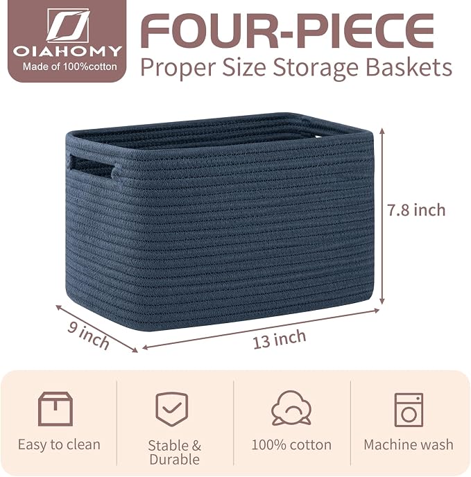 OIAHOMY 4 Pack Storage Baskets for Organizing, Cube Storage Bins for Shelves, Rectangle Storage Baskets With Handles, Woven Baskets for Storage, 12.7''Lx9''Wx7.8''H, Blue - Image 2