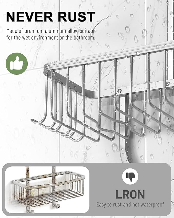 Shower Caddy Hanging - Never Rust Shower Hanging Organizer - Aluminum Over the ShowerHead Caddy with 6 Hooks for Razor/Sponge (Silver) - Image 4