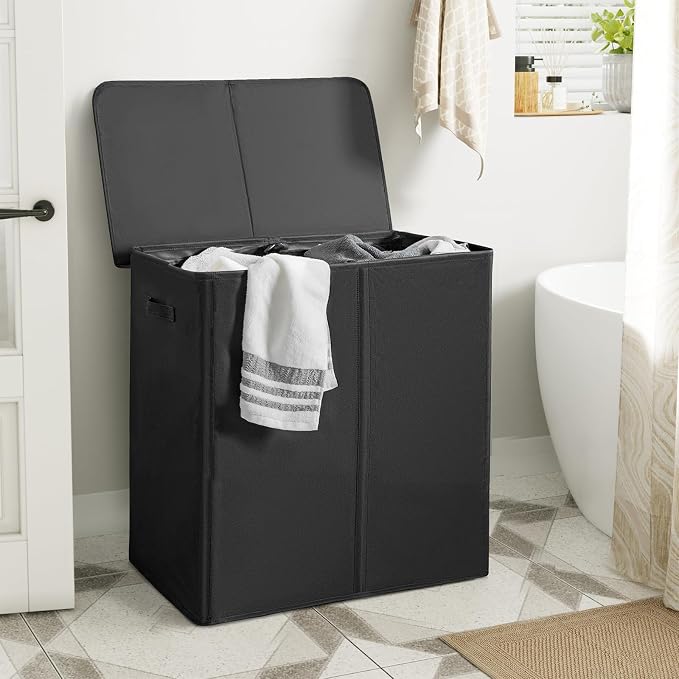WOWLIVE 140L Double Laundry Hamper with Lid and Removable Laundry Bags, Large Dirty Clothes Hamper 2 section Collapsible Laundry Basket Dorm Room Storage for Bedroom, Bathroom, College,Black - Image 2