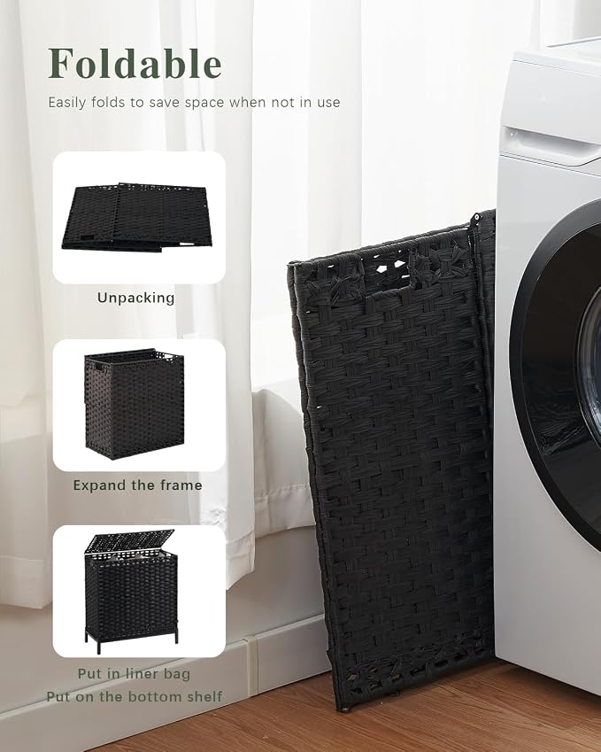 SETVSON Laundry Hamper with Lid 132 L, (35 Gallons) Clothes Hamper with Lid, Handwoven Rattan Laundry Hamper with Metal Heightened Feet, Laundry Hampers with 3 Removable Liner Bags for Laundry-Black - Image 7