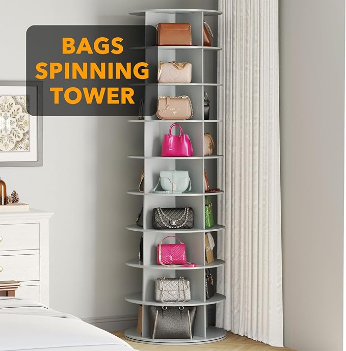 SpaceAid 9 Tier Rotating Shoe Rack Tower, Spinning Shoe Display Lazy Susan, Revolving 360 Shoe Rack Storage Round Carousel, Vertical Handbag Rotate Shoes Closet Organization (9-Tier Gray) - Image 5