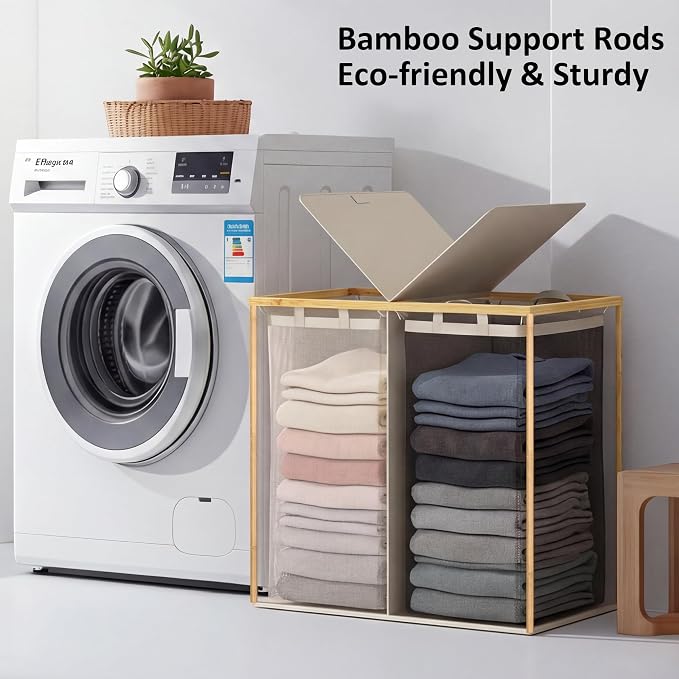 efluky Laundry Hamper with Lid, Double Laundry Hamper with 2 Removable Bags, 2 Section Laundry Basket with Bamboo Handles for Bathroom, Bedroom & Laundry Room, 140L (36.9 Gallon) Beige - Image 4