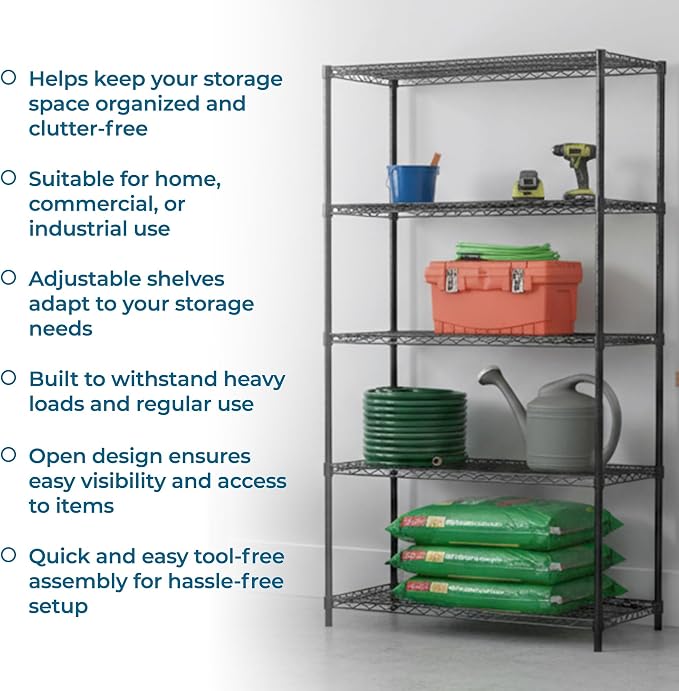 Honey-Can-Do 5-Tier Heavy Duty Adjustable Shelving Unit, 800-lb Per Shelf Metal Storage Rack, Industrial Strength Wire Shelf for Garage Workshop Warehouse, Black, 42 x 18 x 72 in - Image 8