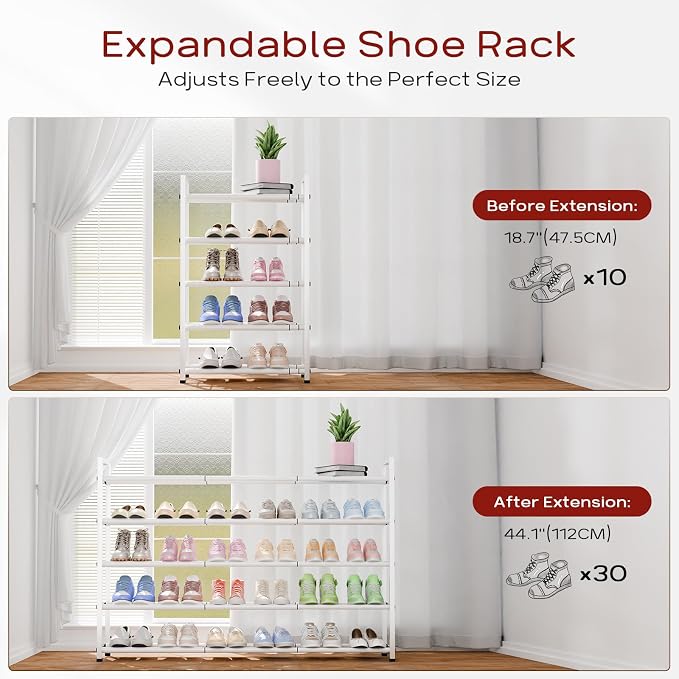 Bumusty 5-Tier Long Expandable Shoe Rack for Closet, 18"-44" Adjustable Shoe Rack for Entryway, 25-30 Pairs Large Shoe Organizer Shelf Storage, Sturdy Metal, White - Image 5