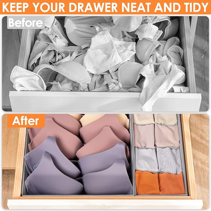 Criusia 6 Pack Sock Underwear Drawer Organizer Dividers, 58 Cell Foldable Fabric Dresser Closet Organizers and Storage Bins for Clothing, Baby Clothes, Bra, Panty, Scarf, Ties (Grey) - Image 2