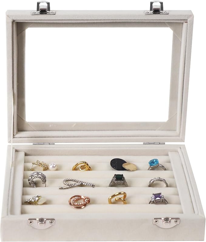 Jewelry Box Rings Organizer Tray 7 Slots Velvet Jewelry Earring Storage Box With Transparent Lid Jewelry Display Case for Girls Women (Beige) - Image 6