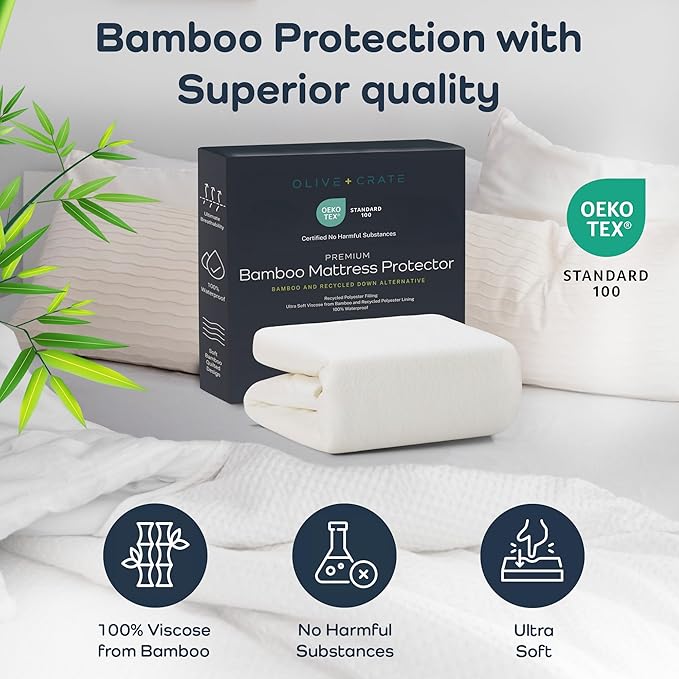 Olive + Crate 100% Viscose Bamboo Mattress Protector - Eco-Conscious Cooling Mattress Cover - Waterproof Hypoallergenic Protection - Breathable King Size Shield Against Dust & Spills