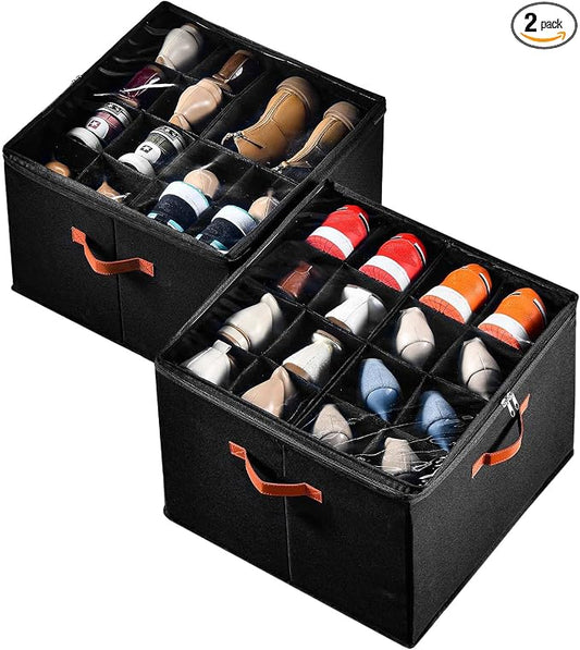 INSTY 2 Pack Shoe Organizer for Closet, Fits up to 32 Pairs, Adjustable Dividers for Shoe Storage, Space-Saving Shoe Bins and Clear Top, Black by INSTY
