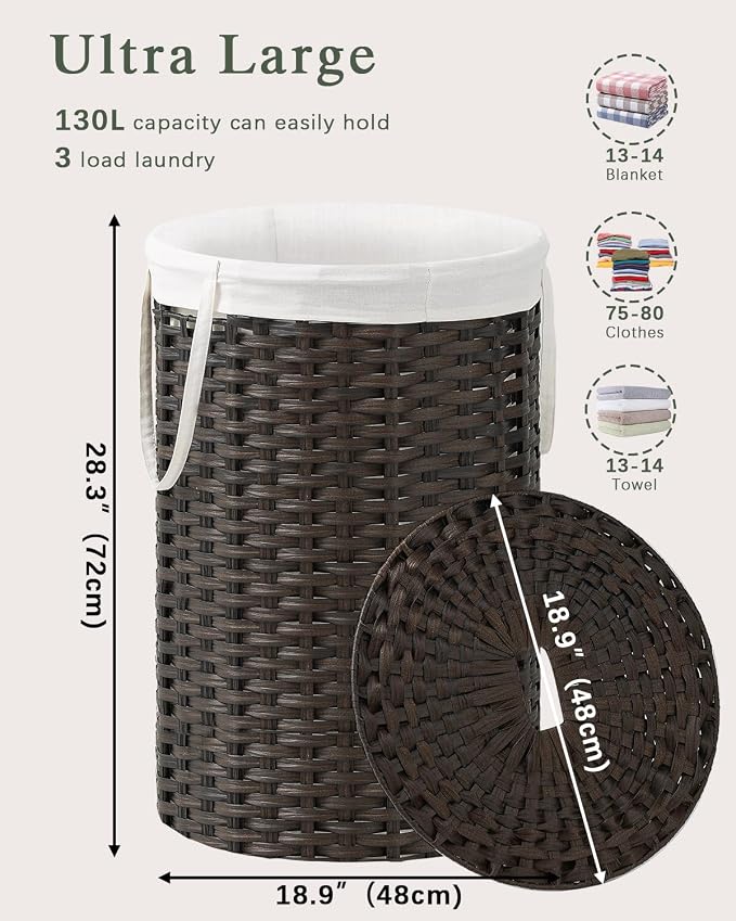 SETVSON Large Laundry Hamper Laundry Basket Round 34.3 Gal (130 L) Handwoven Wicker Laundry Baskets Rattan Laundry Basket with Laundry Bag Handles 2 Mesh Bags for Living Room Bedroom Brown - Image 4