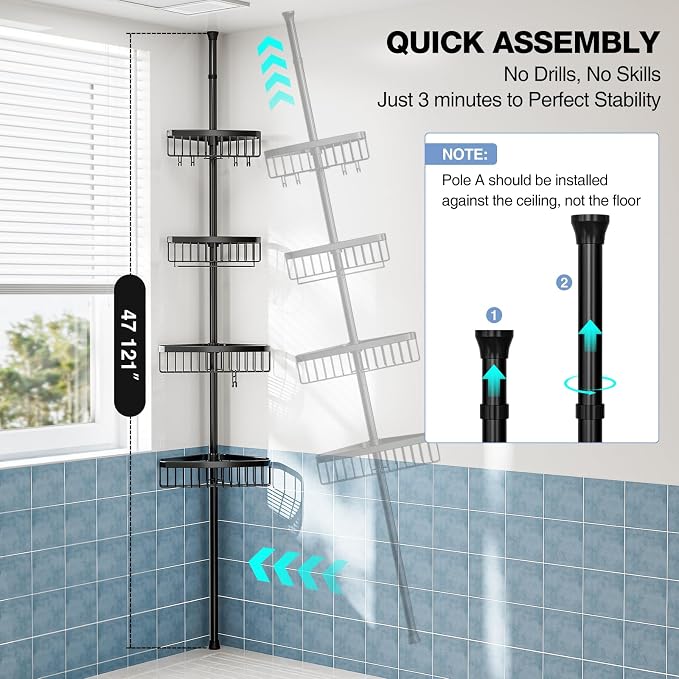 Corner Shower Caddy Tension Pole: Adjustable Rustproof 4-Tier Inside Bathroom Organizer - 47-121 inch Quick Installation Bathtub Shelves for Shampoo Storage - Rod Floor Standing Bath Rack - Black - Image 6