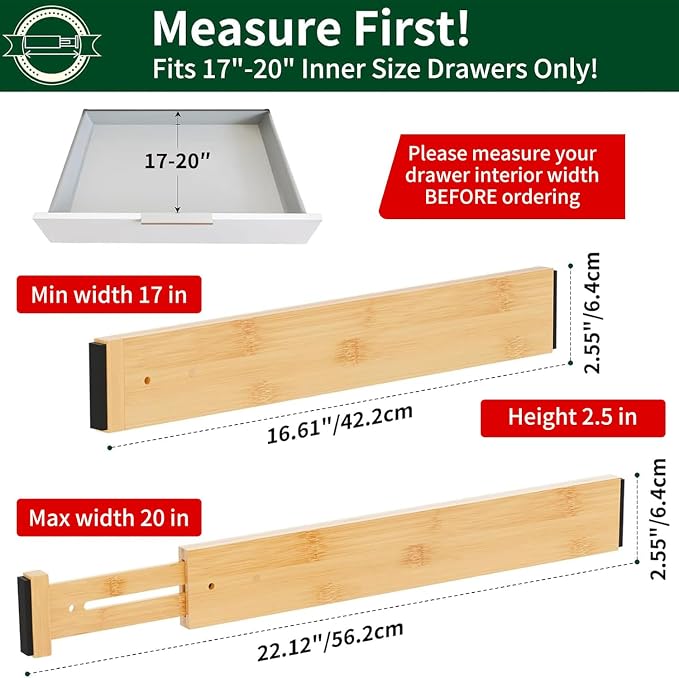 Dunruz Bamboo Drawer Dividers 2.6" High,17"-20" Adjustable Spring Loaded Clothes Drawer Organizers for Kitchen, Dresser, Bathroom, Bedroom and Office - Image 2