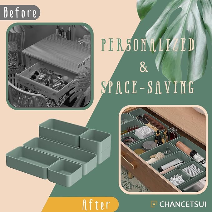 CHANCETSUI 6 PCS Stackable Drawer Organizers Set, Versatile Desk and Vanity Drawer Organizer Trays, Storage Bins for Makeup, Bathroom, Bedroom, Kitchen and Office, Green - Image 5