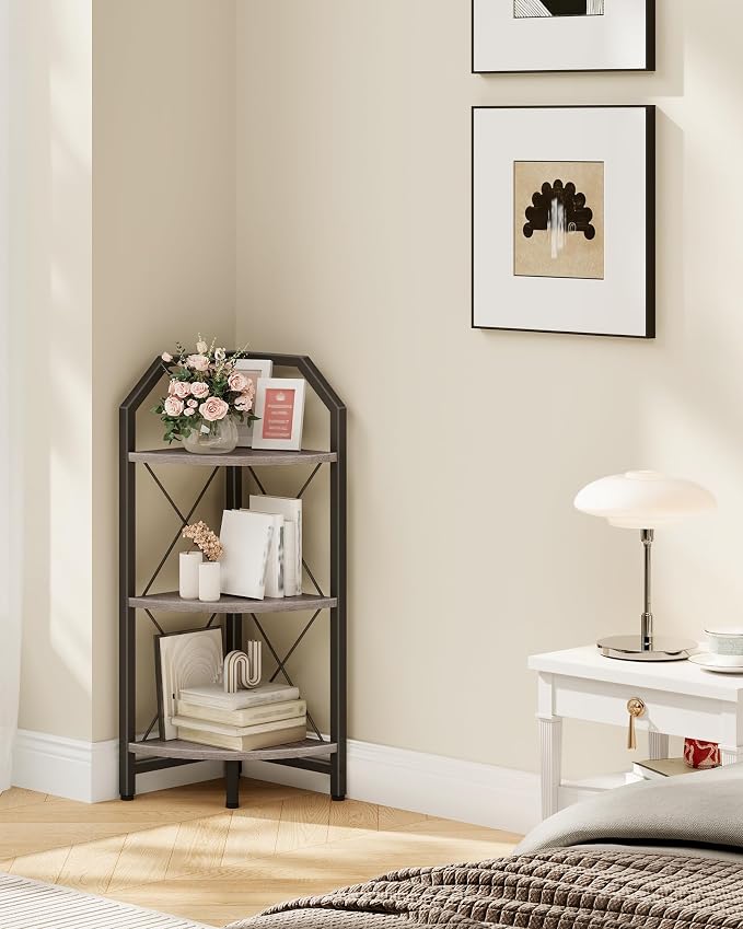 CHOEZON 3-Tier Corner Shelf, Industrial Corner Bookshelf, 35.4" Storage Stand, Plant Stand Display Shelf, Bookcase for Bedroom, Living Room, Home Office, Greige and Black TCJ03BG - Image 8