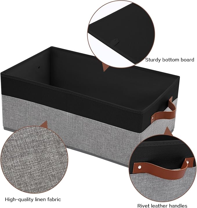 3 Pack Large Capacity Storage Bins Closet Organizer for Shelves, Fabric Closet Storage Baskets Boxes with Leather Handles for Organizing Clothes, Sheets, Jeans, Toys, Books (Black and Grey) - Image 4