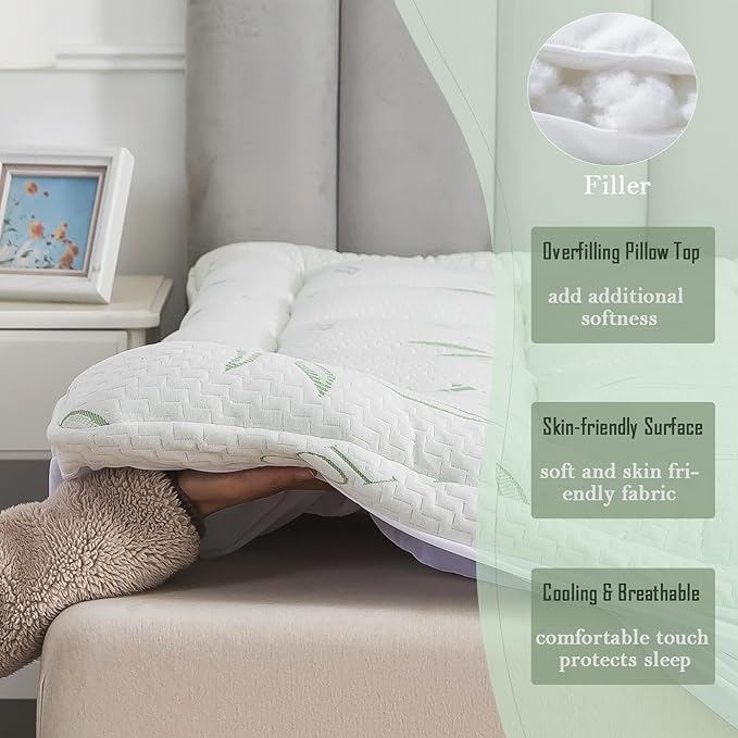 WhatsBedding Twin Mattress Topper, Soft Pillow Top Mattress Topper with Deep Pocket Fits 8–21 Inch,7D Spiral Fiber Filling, Bamboo Viscose Air Layer Mattress Topper Twin.